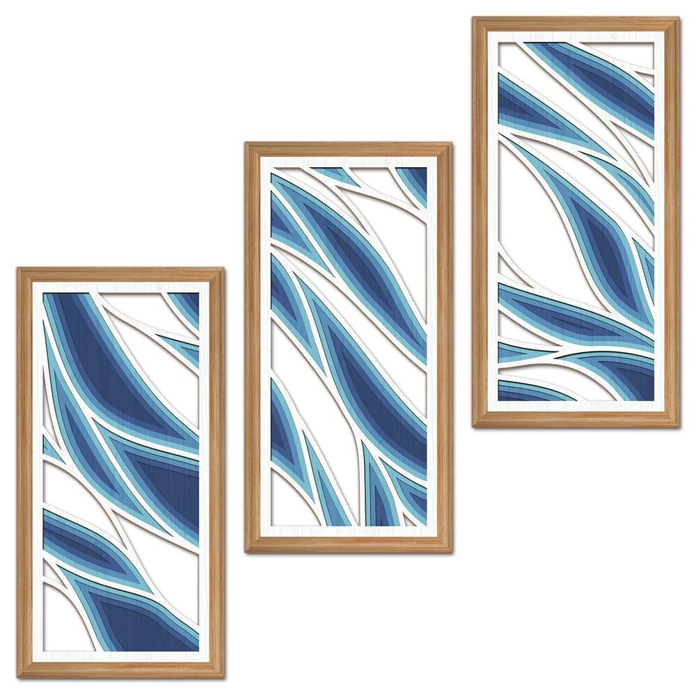 2829 3 Pcs Bohemian Abstract Wood Wall Decor Blue Mid Century Artwork